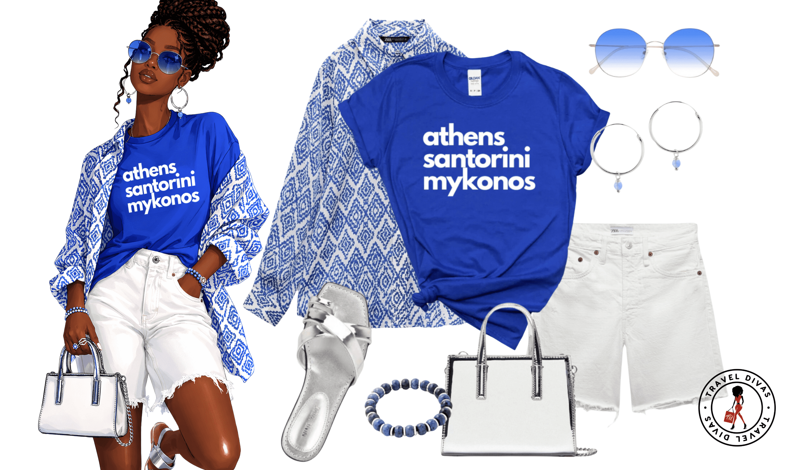 Black woman wearing Athens Santorini Mykonos Travel Divas tee with white shorts, blue patterned kimono, and silver sandals — Greece travel outfit