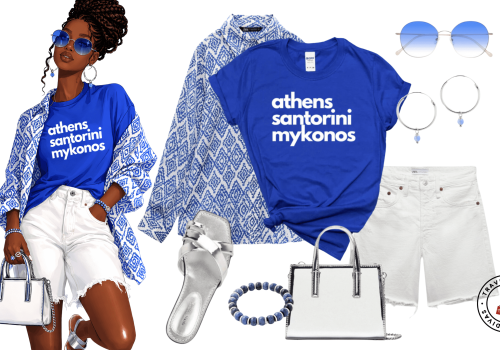 Black woman wearing Athens Santorini Mykonos Travel Divas tee with white shorts, blue patterned kimono, and silver sandals — Greece travel outfit